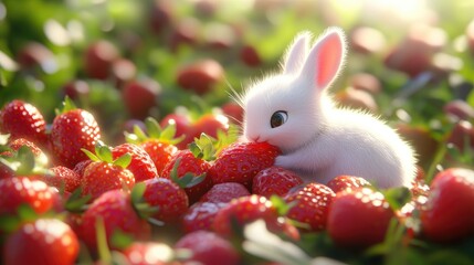 A cute white bunny rabbit sits amidst a field of ripe red strawberries, enjoying a sweet treat.