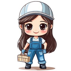 Wall Mural - Cute Cartoon Girl Mechanic Holding Toolbox