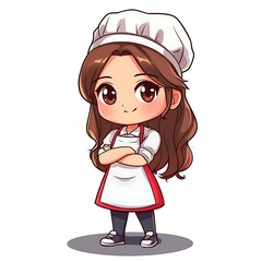 Sticker - Cute chibi girl chef cartoon character in apron and hat