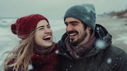 A couple is smiling and laughing on a beach, with the man wearing a blue hat