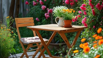 Wall Mural - Tranquil garden workspace featuring a cozy chair, wooden desk, and blooming flowers in a natural setting