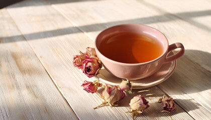 Wall Mural - Cup of tea and dry rose flowers on light textured wooden table with sunlight and shadows. Concept of relax, holidays, weekends.