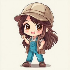 Wall Mural - Cute anime chibi girl character wearing overalls and cap, illustration