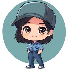 Wall Mural - Cute Cartoon Chibi Girl with Black Hair Wearing a Blue Cap and Jeans