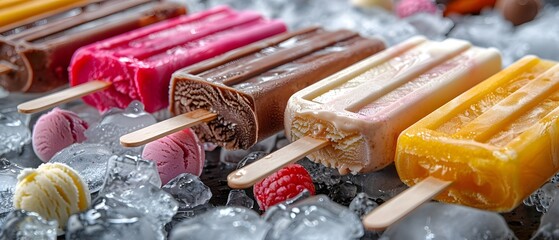 Assorted ice cream popsicles on bed of ice.