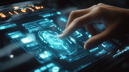 A hand using a finger to interact with a futuristic touch screen.