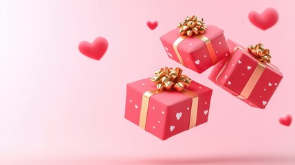 Wall Mural - Three red gift boxes with golden bows and white hearts are floating against a pink background with white hearts.