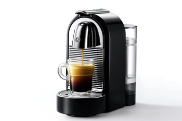 Nespresso machine pours hot coffee on white background. Freshly brewed coffee flows from machine spout. Steam rises, aroma fills air. Modern design of coffee maker on clean, isolated background.