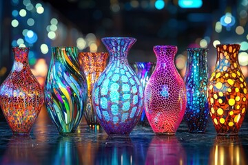 Canvas Print - Colorful Glass Vases with Intricate Designs and a Blurred City Lights Background