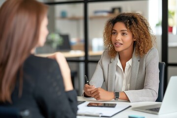 Caucasian human resources manager conducts formal job interview with young applicant in office. Female executive sits behind desk, looks at male candidate resume, asks professional questions.