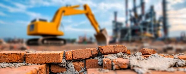 Wall Mural - Construction Site with Heavy Machinery and Brick Wall