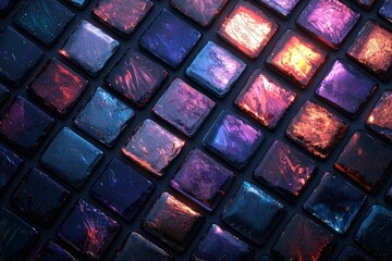 Poster - Close-up of iridescent square tiles with glowing edges