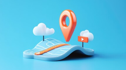 Wall Mural - 3D render of a location pin and a map with a play button on a blue background.