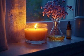 Poster - A burning candle, a glass bottle of essential oil, and a vase of purple flowers on a windowsill