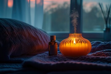 Sticker - Scented Candle and Essential Oil Bottle on a Bed