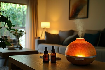 Sticker - Essential Oil Diffuser on Wooden Table with Steam and Bottles