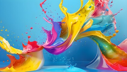 Canvas Print - Vibrant Abstract Paint Splash with Dynamic Shapes on a Blue Canvas