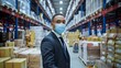 © BISO - A black professional man working in logistics. He is wearing a suit and a mask. He is standing in a warehouse filled with boxes and pallets. He is looking directly at the camera.