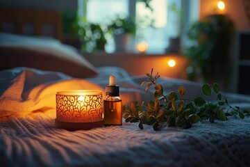 Sticker - A Lit Candle and Essential Oil Bottle on a Bed