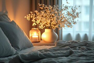 Sticker - A Cozy Bedside Table Decor with a Lit Candle and White Flowers