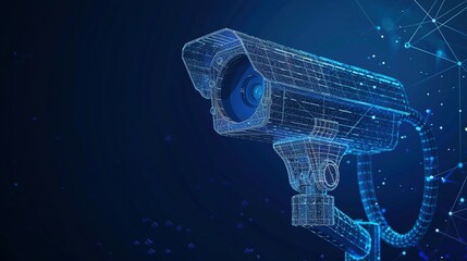 Wall Mural - Digital Wireframe Security Camera with Blue Background