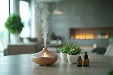 Poster - Wooden Essential Oil Diffuser with Steam and Essential Oils on a Table