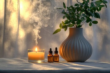 Poster - A burning candle with smoke, two essential oil bottles, and a vase with green leaves on a white linen tablecloth