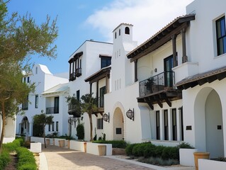 Medieval architecture in Alys beach, Florida. Ancient stone building with narrow windows, old door, traditional exterior style. Heritage house with stone roof, Europa-inspired design, cultural