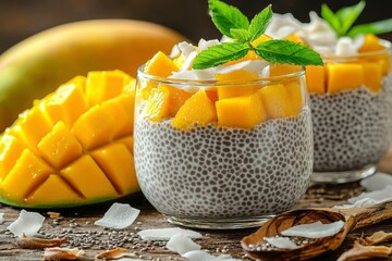 Wall Mural - Mango Chia Pudding with Coconut Flakes and Mint Garnish