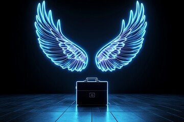 Poster - Abstract glowing angel wings, surrounding a briefcase, representing the concept of a business angel