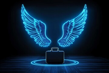 Poster - Abstract glowing angel wings, surrounding a briefcase, representing the concept of a business angel