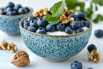 Wall Mural - Bowl of Blueberries, Walnuts, and Cream with Mint Garnish