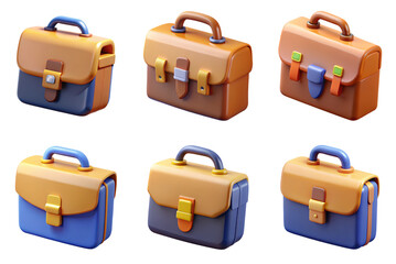 PNG briefcase 3d collection, in cartoon style minimal on transparent, white background, isolate
