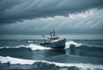 A fishing boat on the open ocean with a cloudy sky in the background