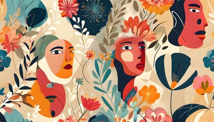 Wall Mural - Vibrant Abstract Design Featuring Stylized Faces and Floral Motifs on a Beige Backdrop