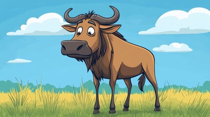 Poster - A cartoon wildebeest standing in a field.