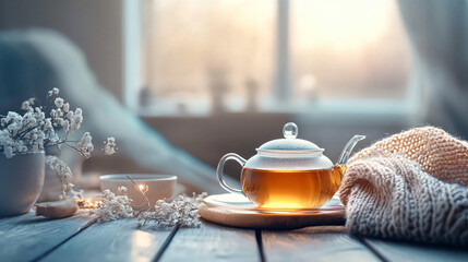 Wall Mural - A calming tea setup with a teapot, a cup of tea, and a cozy blanket on a wooden table.