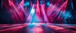 © Ruslan Batiuk - Illuminated arena: empty concert stage with colorful spotlights and smoke, preparing for a live music show, vibrant light patterns, atmospheric elements enhancing anticipation, excitement of event