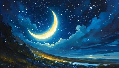 Wall Mural - Serene Night Sky with Crescent Moon Casting Soft Light on Dazzling Stars