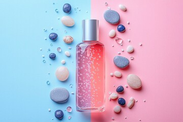 Sticker - Pink Gel Bottle with Scattered Stones on Pastel Blue and Pink Background