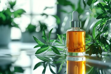 Sticker - Glass Bottle of Essential Oil with Dropper and Green Leaves