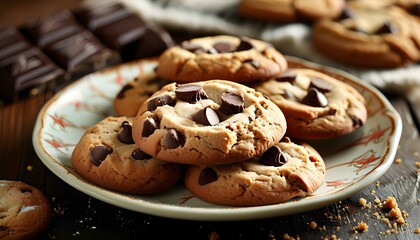 Warm, freshly baked cookies with melting chocolate chunks on a cozy plate, ideal for a mouthwatering advertisement