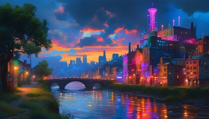 Wall Mural - Vibrant neon plasma illuminates a utopian city with flowing rivers of beer, blending nightlife and surreal landscapes into an extraordinary urban experience