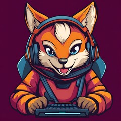 Wall Mural - Cute cartoon fox astronaut playing video games with headphones and keyboard.