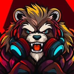 Canvas Print - Aggressive Gaming Bear with Headphones and Neon Lights. E sports, Video Game, Streamer Avatar, Twitch Profile Picture