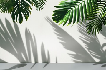 Poster - Tropical leaves cast shadow on grey table against white background. Lush green foliage, exotic palm trees, botanical plant life. Natural, organic, decorative elements for design, decoration, copy.