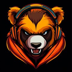 Canvas Print - Angry Bear with Headphones Mascot Logo Design for Gaming Team, Music, and Tech