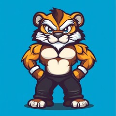 Wall Mural - Cartoon illustration of a muscular tiger mascot with blue eyes and a determined expression.