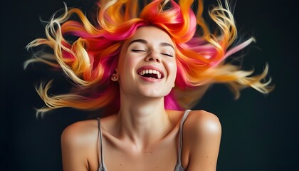 Radiant woman with colorful hair celebrating joy and self-expression