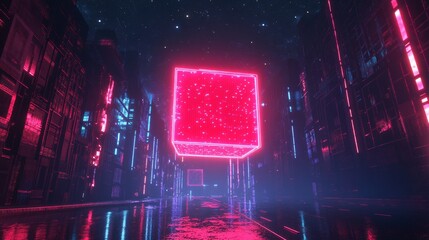 Wall Mural - A futuristic city street illuminated by neon lights and a glowing cube.